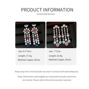 Detailed product specifications for zircon floral and heart tassel earrings in elegant silver finish