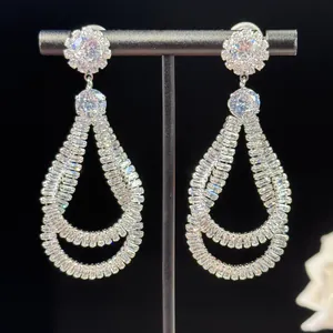Elegant heavy-duty cubic zirconia waterdrop earrings shown in a detailed macro studio shot