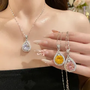 Elegant Water Drop Zirconia Pendant Necklace For Women Copper Inlaid Rhinestone Jewelry Fashion Clavicle Chain Gift