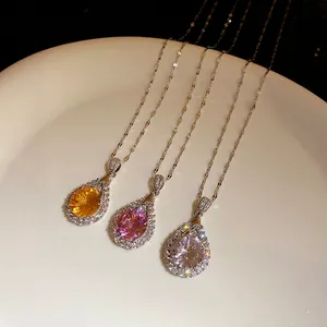 Elegant teardrop zircon pendant necklaces in yellow pink and clear stones on silver chain