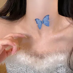 Elegant blue gauze butterfly choker necklace with sparkling rhinestone details for women