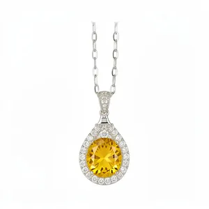 Elegant waterdrop pendant necklace with yellow zircon stone and sparkling halo border