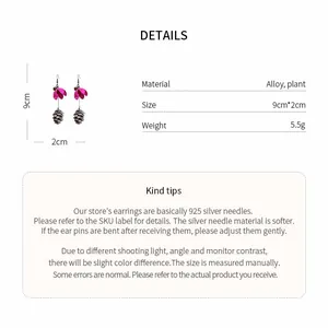 Details of summer floral drop earrings with pinecone accents, material and size specs