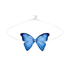 Exquisite blue gradient snowy yarn butterfly choker necklace with sparkling rhinestones