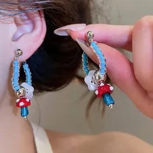 Vintage Hong Kong Style Red Blue Contrast Mushroom Flower Lampwork Stud Earrings Cute Small Design Glass Earrings