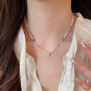 Square Crystal Pearl Beaded Necklace Emerald Cut Zirconia Pendant Clavicle Chain Minimalist Fashion Jewelry For Women