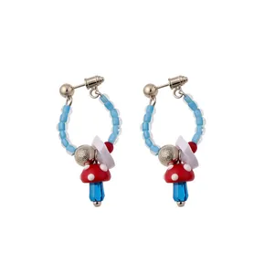 Vintage style handmade red mushroom hoop earrings with light blue glazed beads jewelry