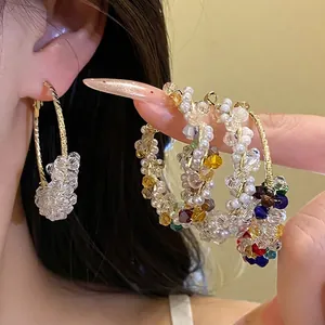 Summer Dopamine Multicolor Crystal Beaded Hoop Earrings For Women Luxury Handmade Artificial Pearl Gold Plated Circle Earrings Jewelry