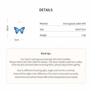 Detailed view of blue gauze butterfly necklace with dimensions and weight information