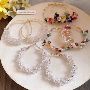 Vibrant summer dopamine crystal beaded hoop earrings with bohemian handmade design