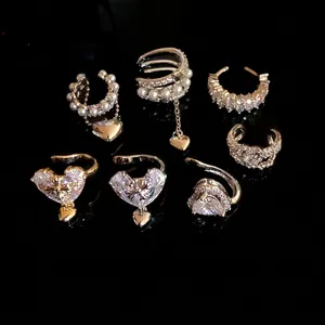 Korean Light Luxury Zirconia Swan Round Ear Clips For Women Non-Pierced Copper Artificial Pearl Heart Cross Ear Cuff Jewelry