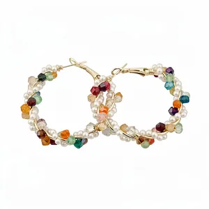 Colorful crystal and pearl beaded hoop earrings for a vibrant summer look