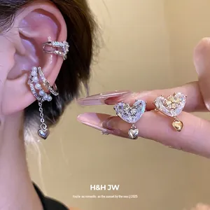 Korean style heart-shaped zircon ear clips with pearl and cross accents for women jewelry