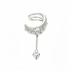 Korean style silver ear cuff with pearls and dangling heart charm for non-pierced ears