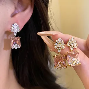 Vintage Palace Style Copper Zirconia Square Pendant Earrings With Silver Earring Post Pink Luxurious Women Jewelry Gift