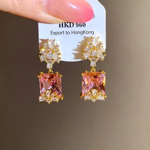 Elegant vintage style square pink zircon pendant earrings with a gold-plated finish
