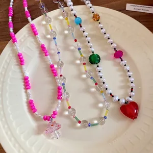 Women's Vacation Style Freshwater Pearl Necklace With Heart Mushroom Pendant Glass Beaded Clavicle Chain Jewelry Accessory