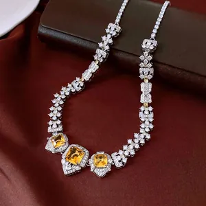 Luxurious vintage silver necklace with square yellow zircon in intricate palace style