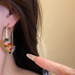 Colorful dopamine crystal beaded hoop earrings for women, stylish close-up wear detail