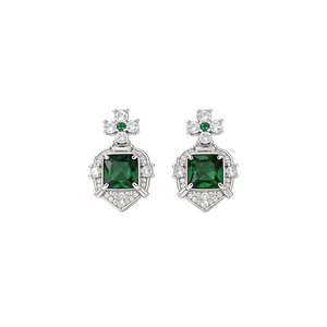Vintage style square emerald zircon stud earrings with clover detail in silver finish