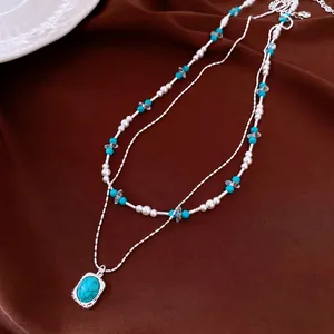 Vintage Glass Pearl Beaded Turquoise Stone Square Pendant Necklace For Women Retro Double Layer Silver Tone Clavicle Chain Jewelry
