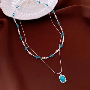 Vintage layered necklace with glass pearls and turquoise stone pendant