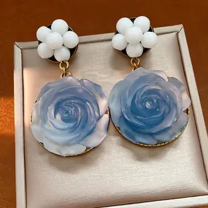 Orecchini Pendenti in Resina a Fiore Vintage Con Perno in Argento Sterling 925 Rosa Blu Perla Artificiale Lega per Donna