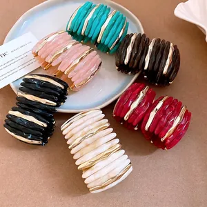 Women Acrylic Smudged Splicing Bracelet Marble Texture Gold Tone Alloy Elastic Bangle Light Luxury Fashion Niche Design Jewelry