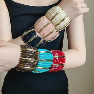 Elegant chunky acrylic marbled patchwork bracelets with gold accents for women