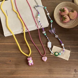 Handmade colorful beaded necklaces with cute resin bear and heart pendants for women