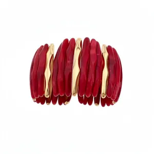 Bold red marbled acrylic cuff bracelet featuring elegant wavy gold metal accents for women