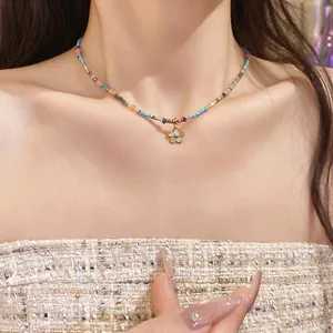 Bohemian Dopamine Beaded Necklace For Women Stainless Steel Stone Colorful Flower Pendant Clavicle Chain Jewelry Gift