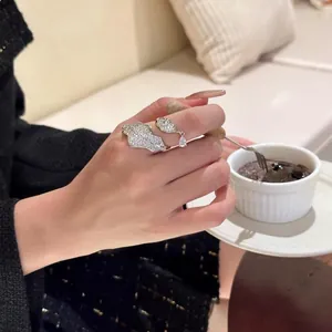Elegant Copper Leaf Zirconia Adjustable Open Ring Silver Color Korean Style Jewelry Accessory For Women Gift