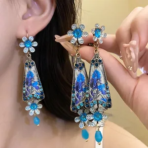 Vintage Alloy Resin Flower Pendant Earrings With Blue Rhinestones And Glass Teardrop Dangle Jewelry For Women Retro Style