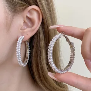 Silver Needle Artificial Pearl Hoop Earrings For Women Double Row White Pearls Cool Style Geometric Jewelry Earrings