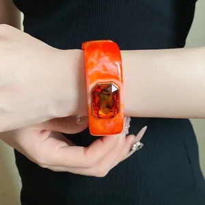 Elegant orange marble resin square bangle with amber crystal inlay