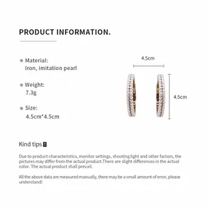 Detail of pearl hoop earrings showing 4.5cm size and iron material specifications