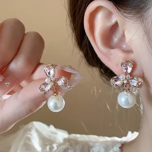 French Vintage 18K Gold Plated Flower Artificial Pearl Drop Earrings Pink Rhinestone 925 Sterling Silver Post For Women Jewelry