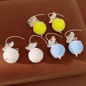 Luxury Frosted Glass Flower Hook Earrings Minimalist Sweet Copper Ball Dangle Earrings For Women Fashion Jewelry Daily Wear