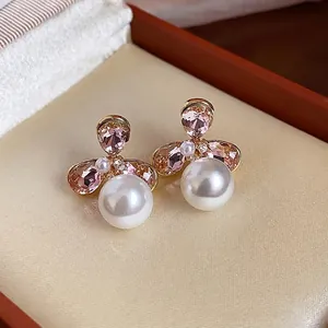 Exquisite 18k gold plated flower stud earrings with pink crystals and pearls in gift box