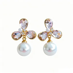 Exquisite vintage French style 18k gold plated flower earrings with pink crystal and pearls