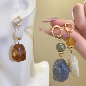 Vintage Unregelmäßige Harz Falten Anhänger Ohrringe Mit Silber Ohrringpfosten Maillard Marmortextur Künstliche Perle Schmuck Für Damen