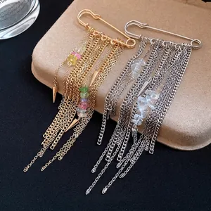 Retro safety pin brooch with multi-layer chain tassels and natural stones