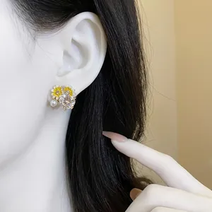 Elegant floral pearl drop earrings with zircon inlay and silver needle for women