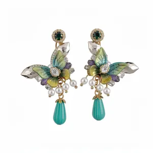 Elegant forest style enamel butterfly dangle earrings with pearls and zircon crystal accents