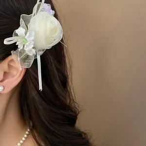 Primo piano dettagliato di un fermaglio per capelli in rete bianca con perle eleganti.