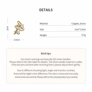 Gold plated bowknot ear clip detail showing zircon material and 2cm by 1.6cm size