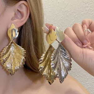 Women Fashion Hammered Leaf Drop Earrings Iron Metal Gold Silver Color With Silver Earring Post Elegant Western Style Jewelry Gift