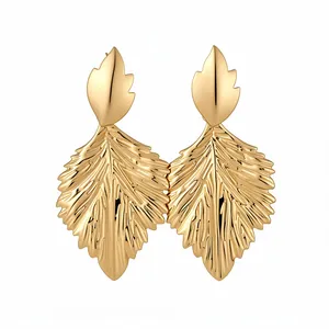 Elegant gold metal leaf drop earrings with pleated textured design for women's fashion