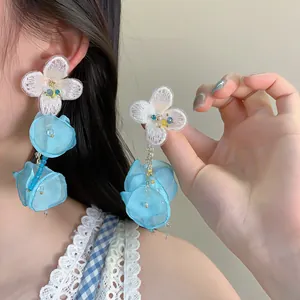 Elegant Chiffon Flower Stud Earrings For Women Vacation Style Tassel Floral Earrings With Silver Earring Post Rhinestone Jewelry Gift